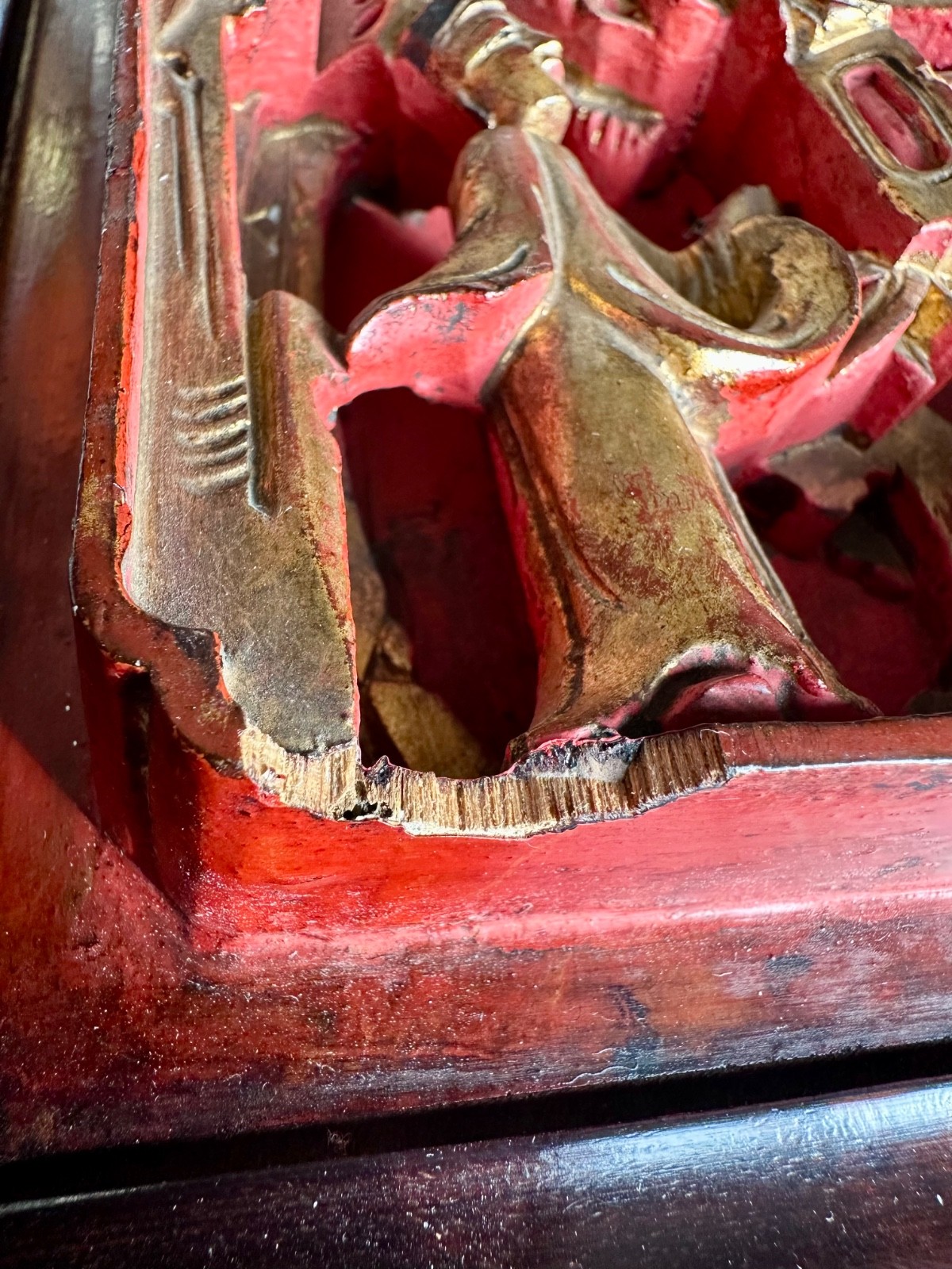 2 Antique Chinese Red & Gilt Wooden Deep Carved Panel Wood 19th Century
