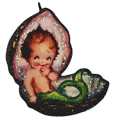 BABY MERMAID in OPEN SEA SHELL   * Glitter CHRISTMAS ORNAMENT * Vtg Img