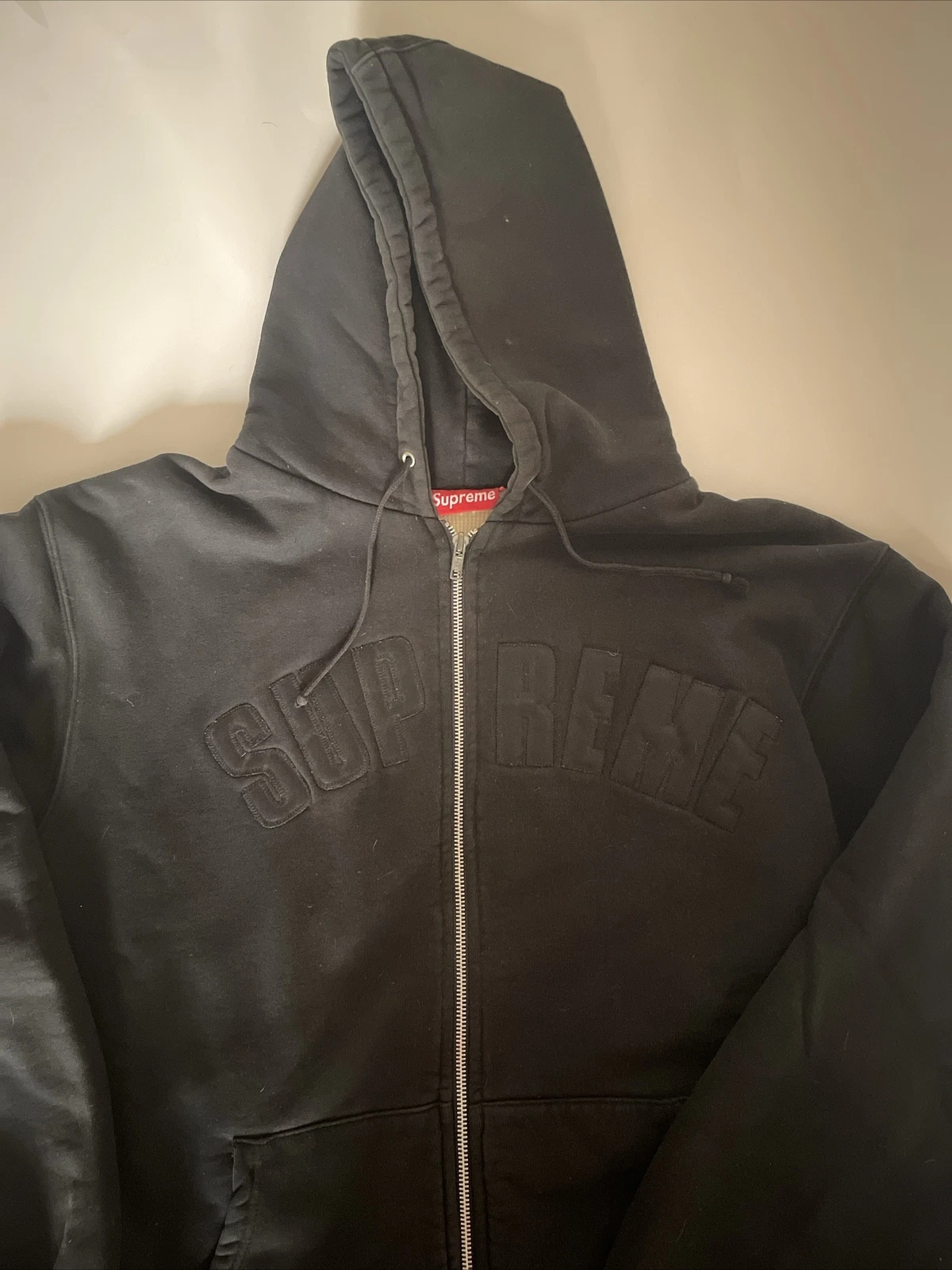 Sweat à capuche thermique vintage Supreme Arc logo zippé taille XL noir en détresse fané