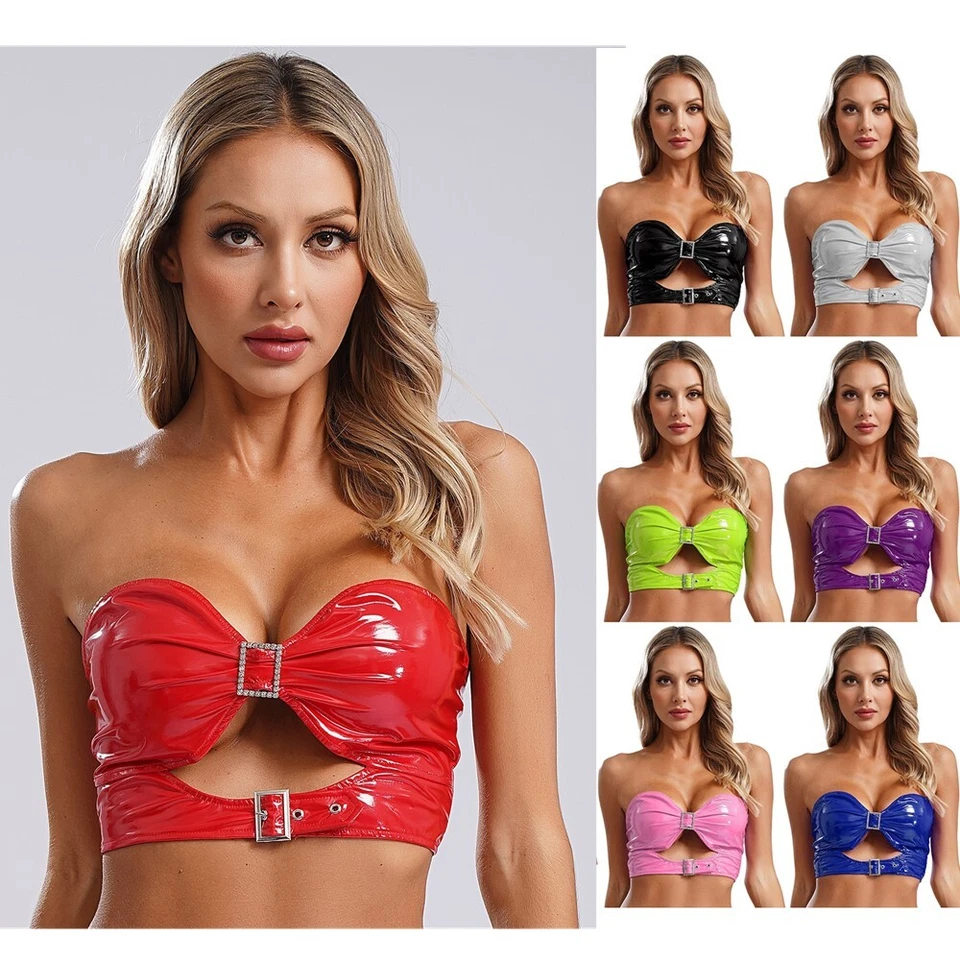 Mujeres Sexy Camiseta sin mangas de tubo con cremallera brillante de cuero sintético aspecto húmedo Bustier Foto 4 de 4