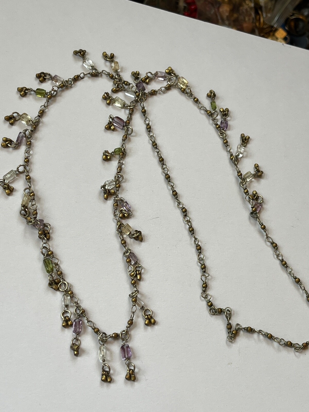 Rustic Long Silvertone Chain w Tiny Round Brass L… - image 1