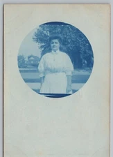 Pretty Lady Long White Dress Short Sleeves c1907 Cyanotype Photo Postcard