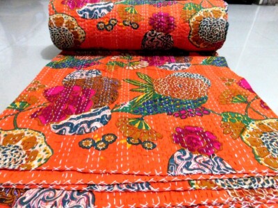 Indian Handmade Fruit Kantha Quilt Reversible Bedspread Twin Cotton Coverlet