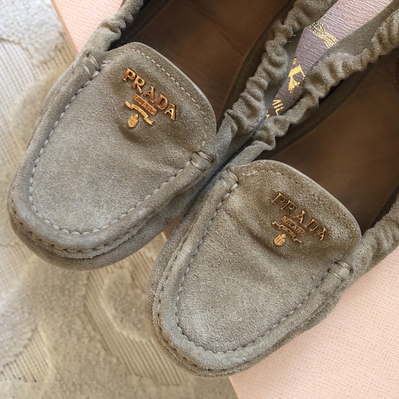 Prada Logo Suede Scrunch Driver Beige 
