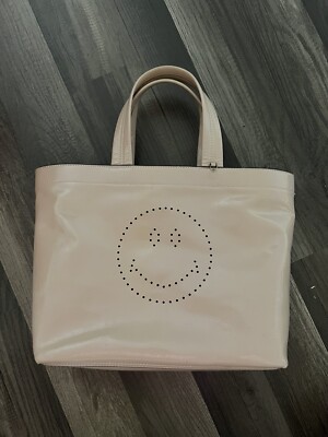 ANYA HINDMARCH  Nude Emoji Smily Face Patent  Tote Handbag Purse Striped Handles
