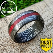 Customized Wood Inlay Liner Damascus Steel 8mm Ring Round Dome Handmade Wooden