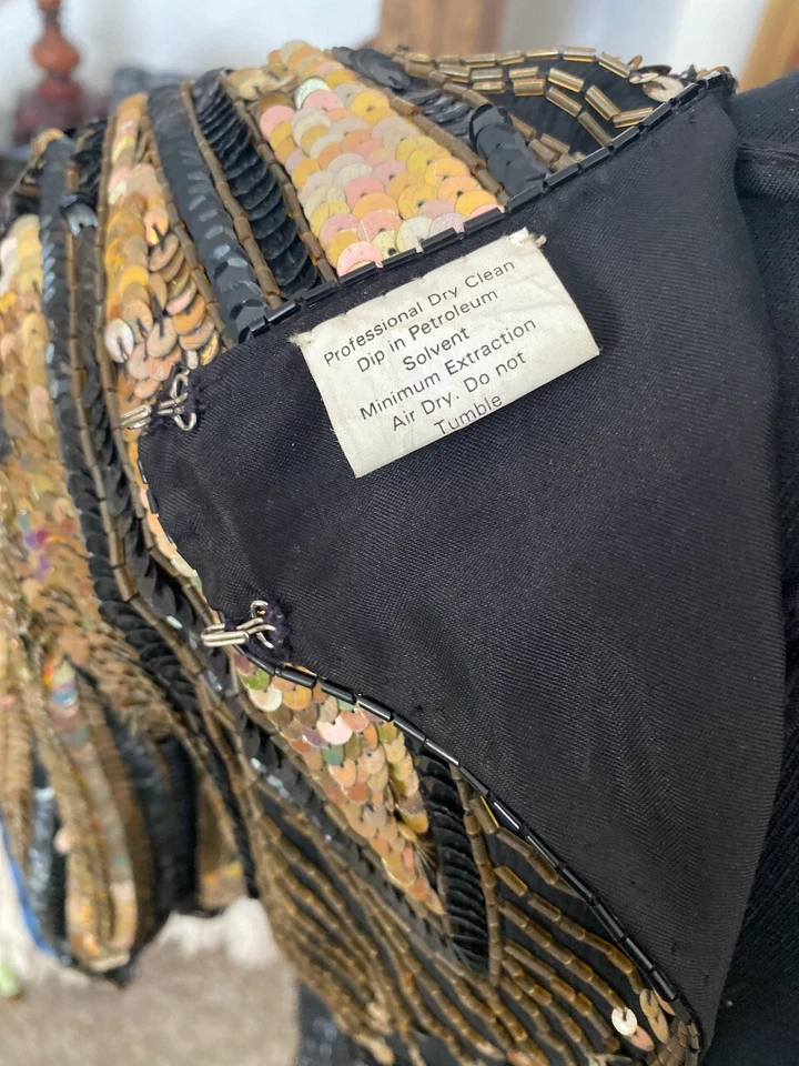 Vestido vintage St e'nay negro/dorado 100 % seda con cuentas lentejuelas talla 6 manga corta Foto 4 de 4