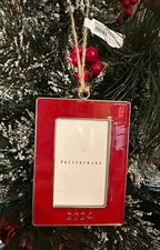 Pottery Barn Christmas Ornament Red Enamel Silver Edge 4.25 Rectangle Frame 2024