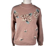 Vintage 80s Pink Sweater Womens Size M Pullover Mock Neck Floral Wool