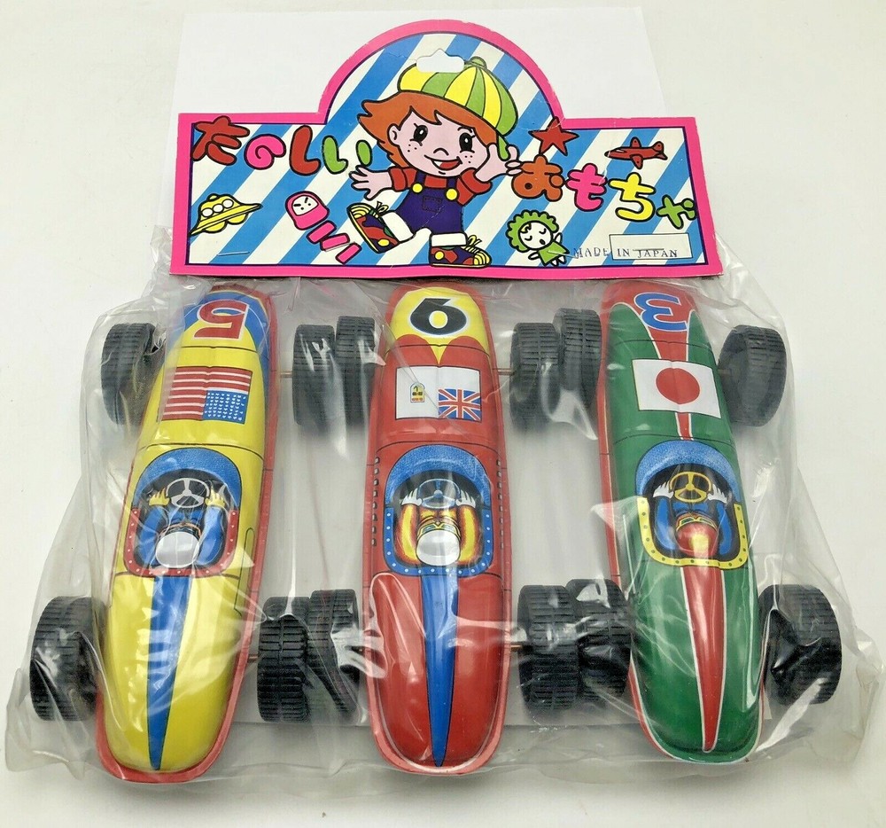 Vintage Tin Sheet Metal Litho Racecar Car Set USA Japan