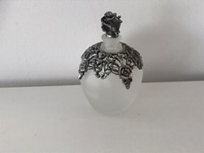Frosted Glass Bottle with White Metal Overlay with Glass & Metal Rose Stopper