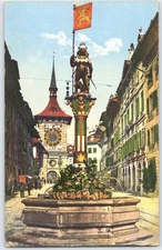 Vintage Bern Switzerland Zähringer Fountain & Zytglogge Postcard 1970