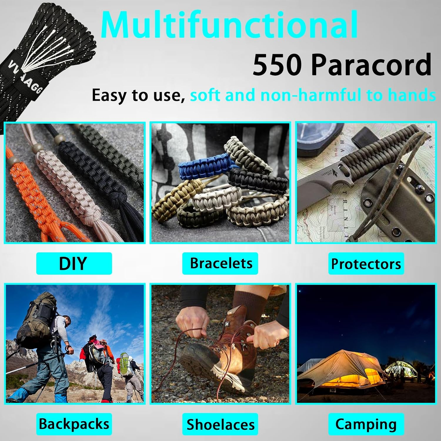 100FT Reflective Paracord Rope 550 Nylon 7 Strand 4mm Camping Tent Cord ...