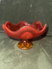 Amberina Epic 6 Petal Persimmon Compote Pedestal Bowl Art Glass MCM Viking