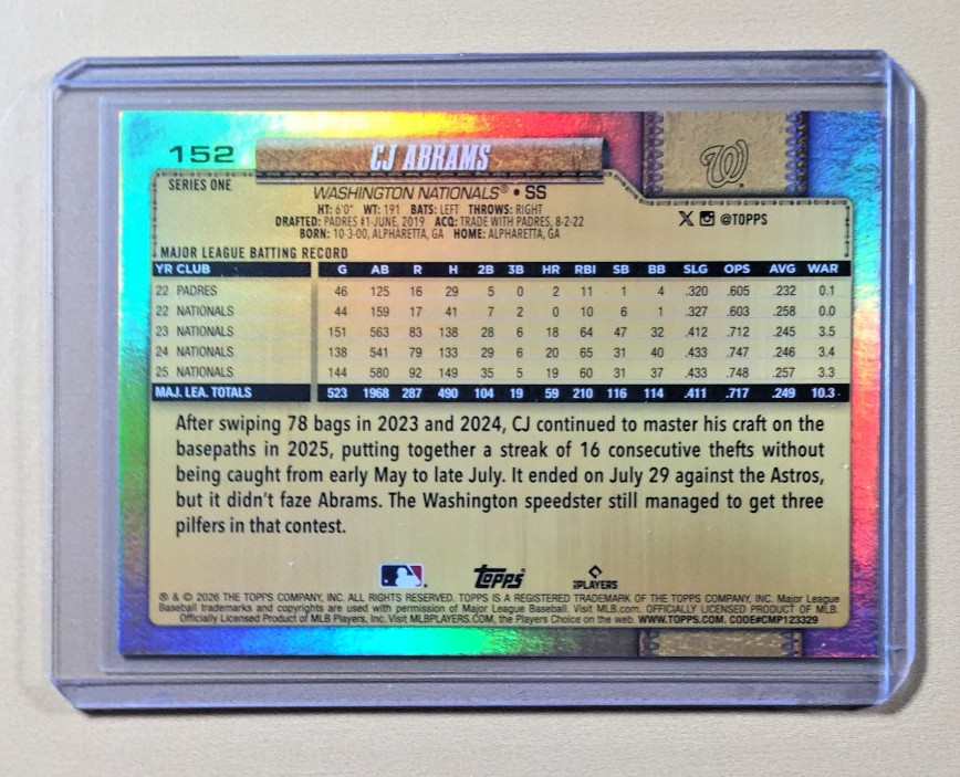 2026 TOPPS SERIES 1 CJ ABRAMS NATIONALS #152 GOLDEN MIRROR SP - FREE S&H!!