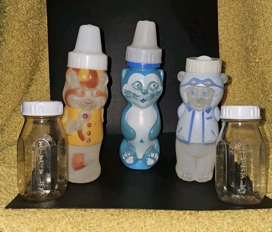 Vintage Plastic Baby Bottles Lot Animal Bottles Retro Nursery Kitty Pilot