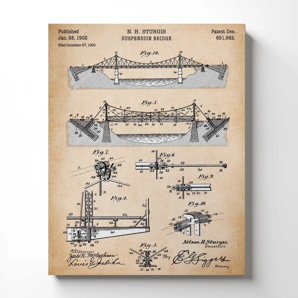 Bridge Art, Patent Suspension Bridge Canvas Print - Image 4 of 4