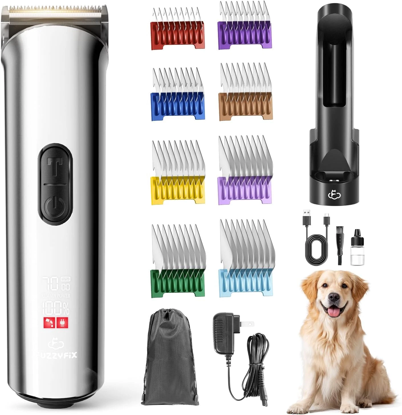 Cordless Dog Grooming Clippers Kit with 5 Speed Adjustable Blades & Dock