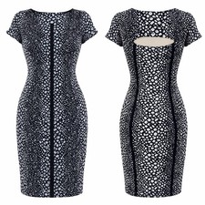 Tart Black White Animal Print Bodycon Sheath Dress Cutout Back XS NWT