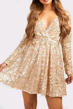 NWT Boohoo Sequin Wrap Sequin V-neck Long Sleeve Dress Size 16