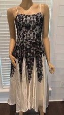 Sue Wong Y2K Silk Dress Beaded Fancy Evening Gown Cream Black Lace Art Deco Z8