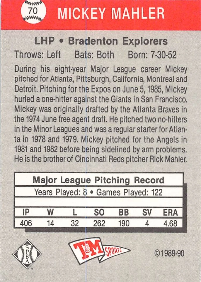 Mickey Mahler 1989 T&M Senior League 70 Baseball Card - Image 2 of 2