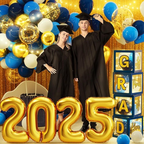 Blue Gold Graduation Party Essentials - 86 PCS LED Lights, Balloons & Backdrop - Picture 6 of 9