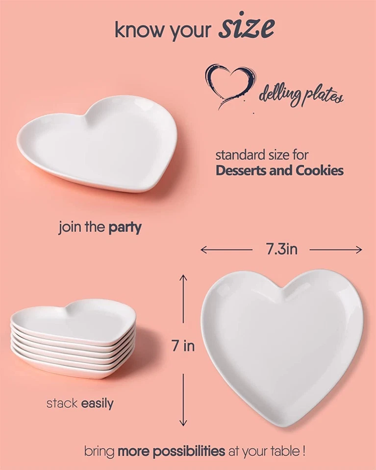 Heart Shaped Plates 6 Pack 7.3 In Ceramic White Dinner Dishes Microwave Safe - Image 2 of 4