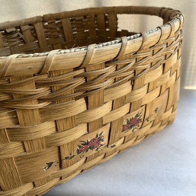 Vtg Splint Ash Large Oval Storage Basket~Signed Hand painted Roses Handles 17x15