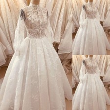 Vintage Victorian Wedding Dresses Lace Puff Sleeves High Neck Train Bridal Gown