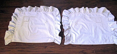 Pair Vtg Pillow Shams Std White Ruffle Hardanger Lace Monogram T or F