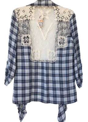 PLAID BLUE IVORY Lace COVER UP Small Wrap American Rag Cie $49.50 NWT