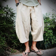 Men Linen Cotton Harem Crop Drawstring Pants Casual Pocket Trousers Bottoms New