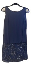 Adrianna Papell Evening Navy Sheer Beaded Pleated Blouson Cocktail Dress Size 8