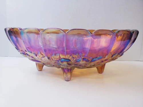 Vintage Carnival Glass Footed Bowl Scalloped Edges Amber Gold Fruit Pattern