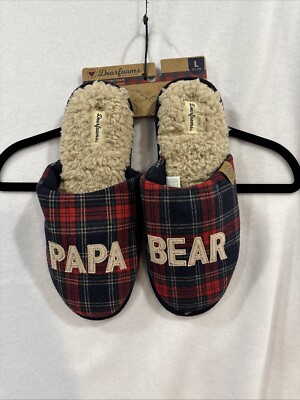 Papa Bear Plaid Dearfoam Slippers Size L US 11-12 W/ Memory Foam