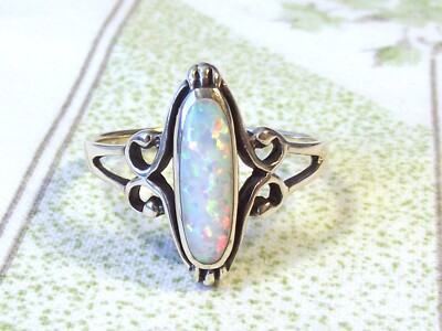 RING Edelstein  FEUER OPAL lab. WEIß 14mm oval 925 Sterling SILBER Gr. 19