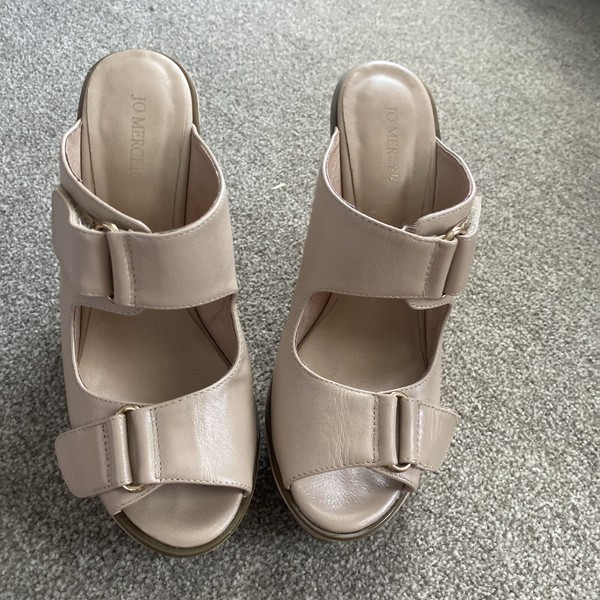 Jo Mercer Leather Nude Wedge Sandals Straps Mules /slides heel, size 39