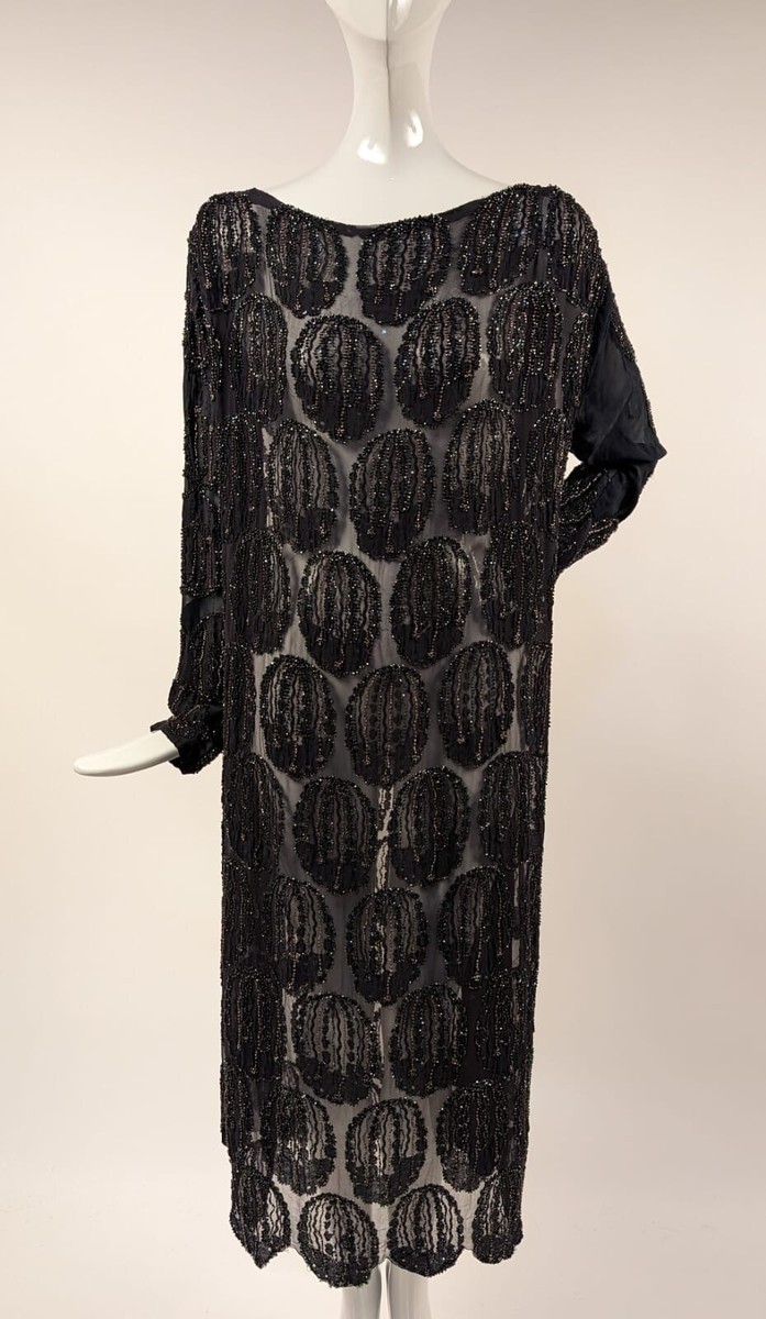 1920s chiffon dress Vintage & Velvet Flapper Ecru lace trim Vintage 1920s Evening Gown Black