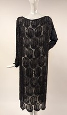 FLAPPER 1920  S NAVY SILK CHIFFON DRESS W METALLIG GOLD BEADED ORB DETAIL