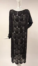 FLAPPER 1920’S NAVY SILK CHIFFON DRESS W METALLIG GOLD BEADED ORB DETAIL