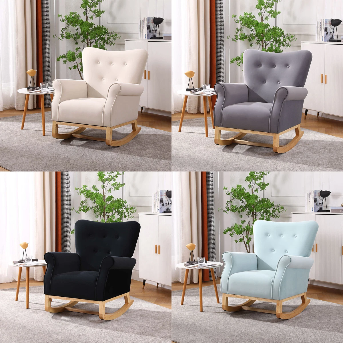 Living Room Rocking Chair Velvet Fabric Upholstered Wing Back
