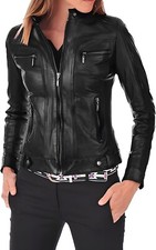 Giacca donna pelle di agnello vera pelle biker donna nera moto slim M