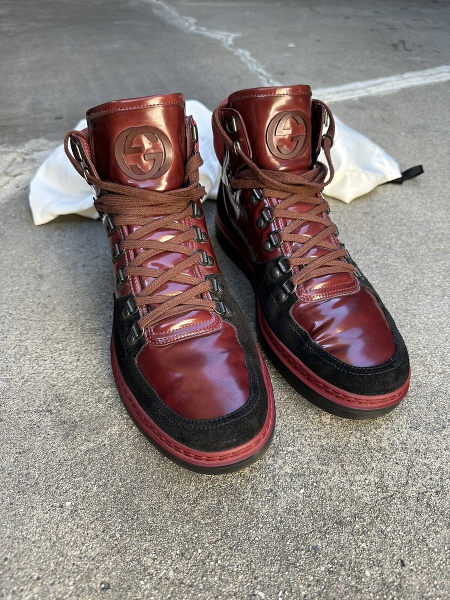 Mens GUCCI Leather Suede Combo Hi-top Sneakers Dark Red Bur