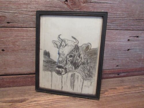 Vintage 1915 Pencil Original Drawing of a Cow Head Sketch - Picture 1 of 9