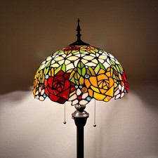 Tiffany Style Floor Lamp Stained Glass Rose Flower Metal Base LED Bulbs 64"H16"W