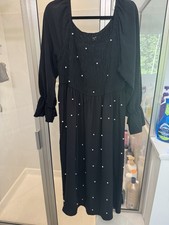 Women’s 3XL Black Pearl Embellished Smocked Long Sleeve Midi Dress Plus Size