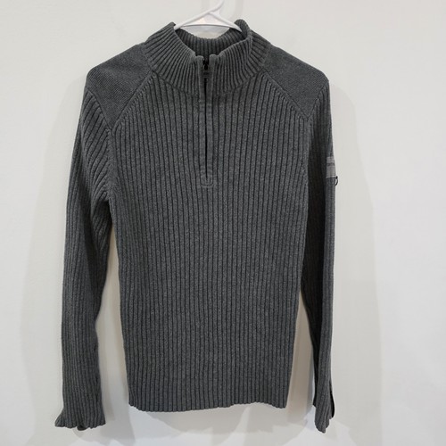 Vintage Y2K Express Mens Ribbed Mock Neck Sweater Medium Gray Quarter Zip Ribbed