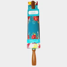 New Pioneer Woman Vintage Floral Ceramic Rolling Pin Retired Teal Acacia Wood