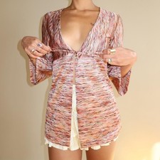 90s Vintage Wavy Abstract Tie Front Long Sleeve Blouse